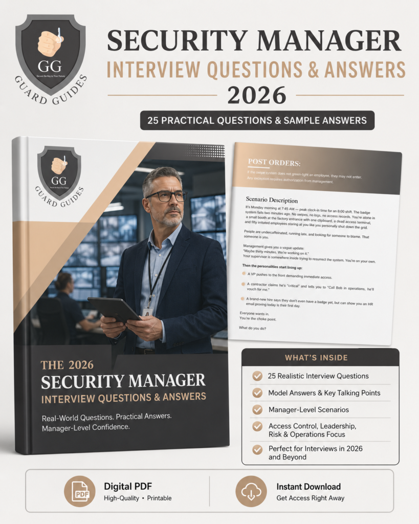 GuardGuides Security Manager Interview Questions and Answers 2026 digital PDF guide
